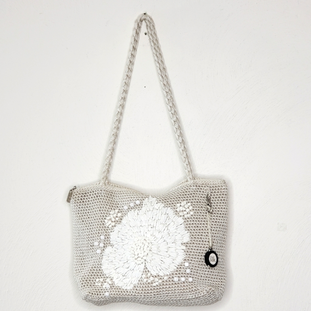The Sak Casual Classics Crochet Tote Bag Coastal Casual Floral Embroidered Purse